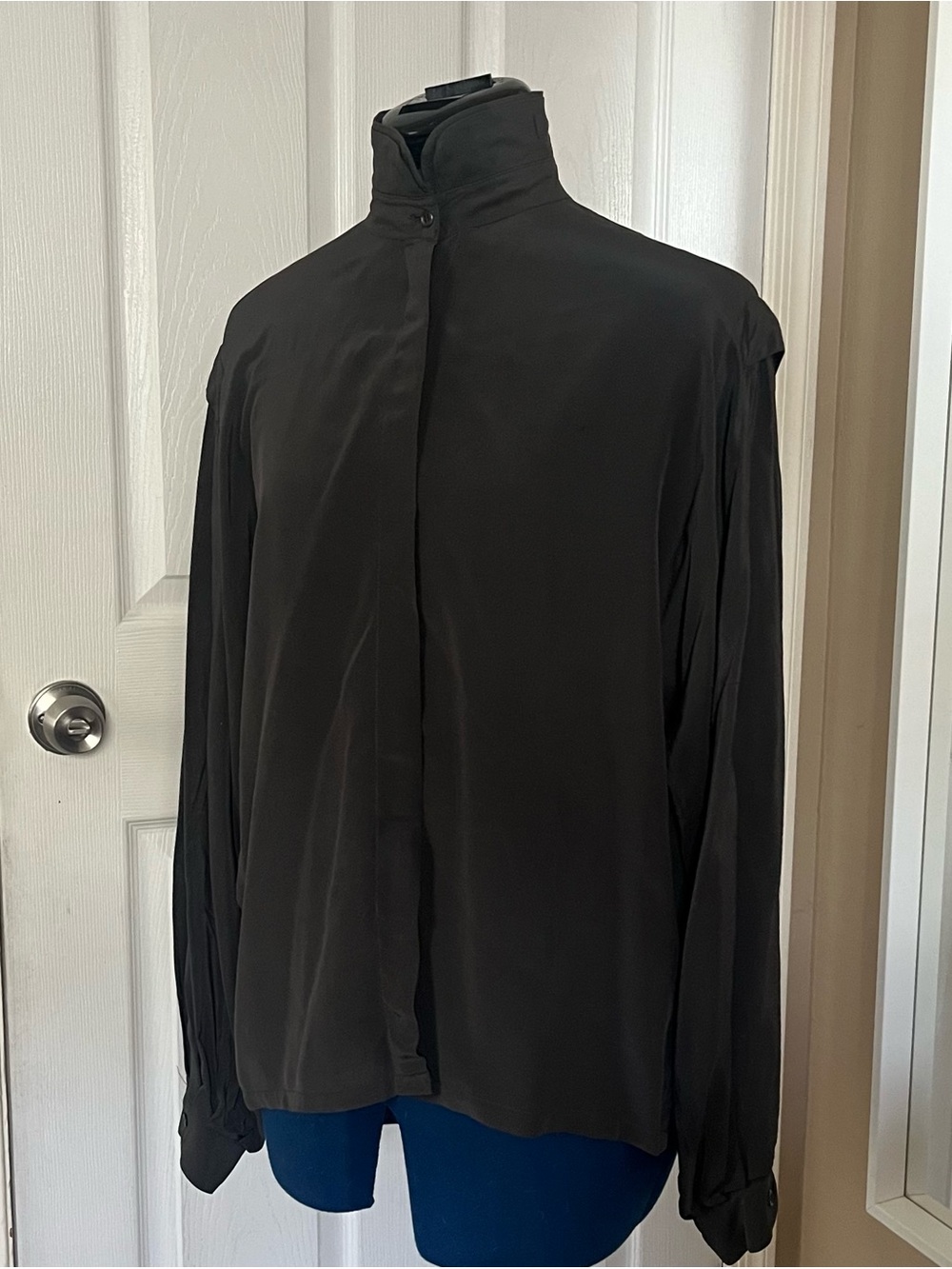 Vintage 80s Kenar faded black silk blouse with high neck and long sleeves